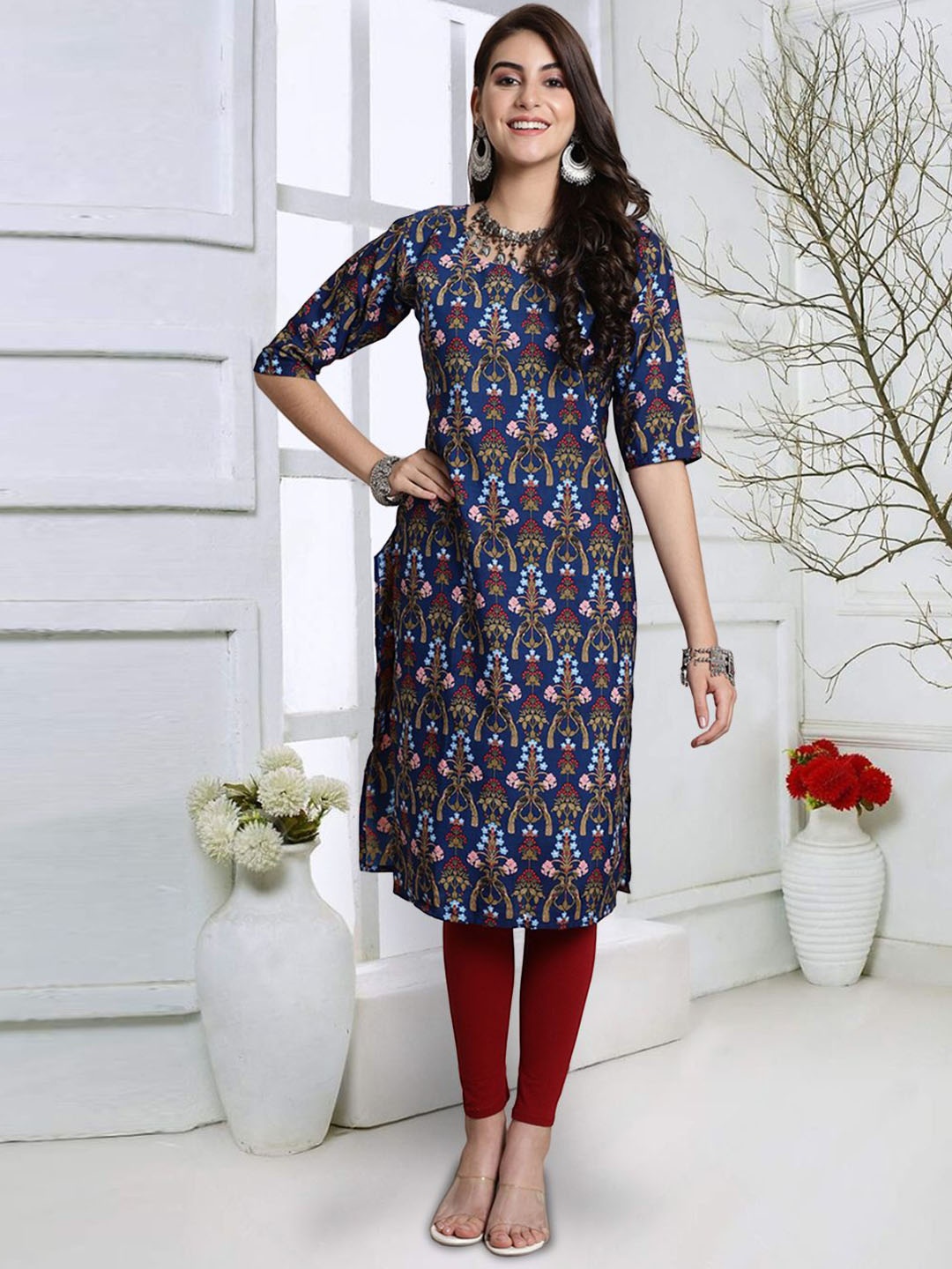 

7Threads Ethnic Motifs Printed Straight Kurta, Blue