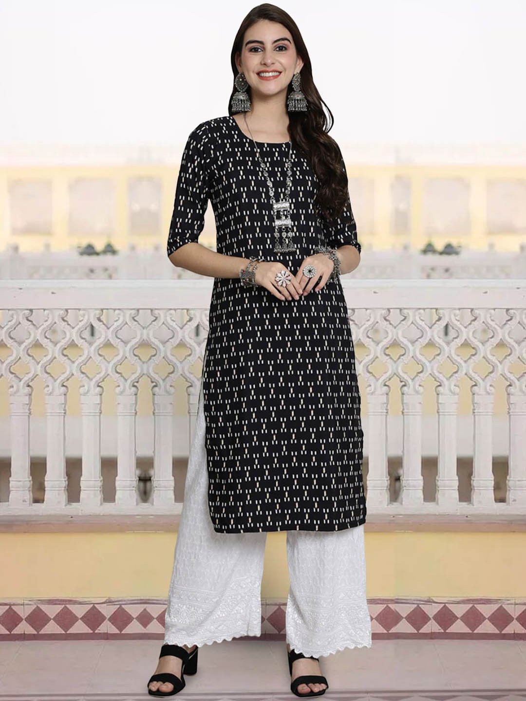 

7Threads Abstract Printed Straight Kurta, Black