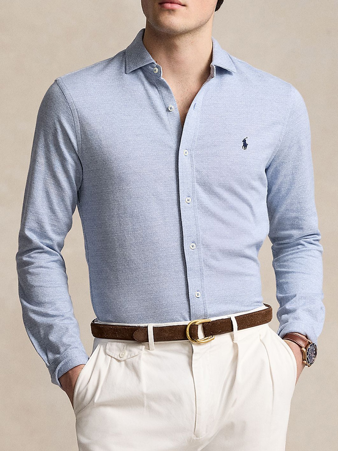 

Polo Ralph Lauren Men Pure Cotton Slim-Fit Dot Jacquard Shirt, Blue