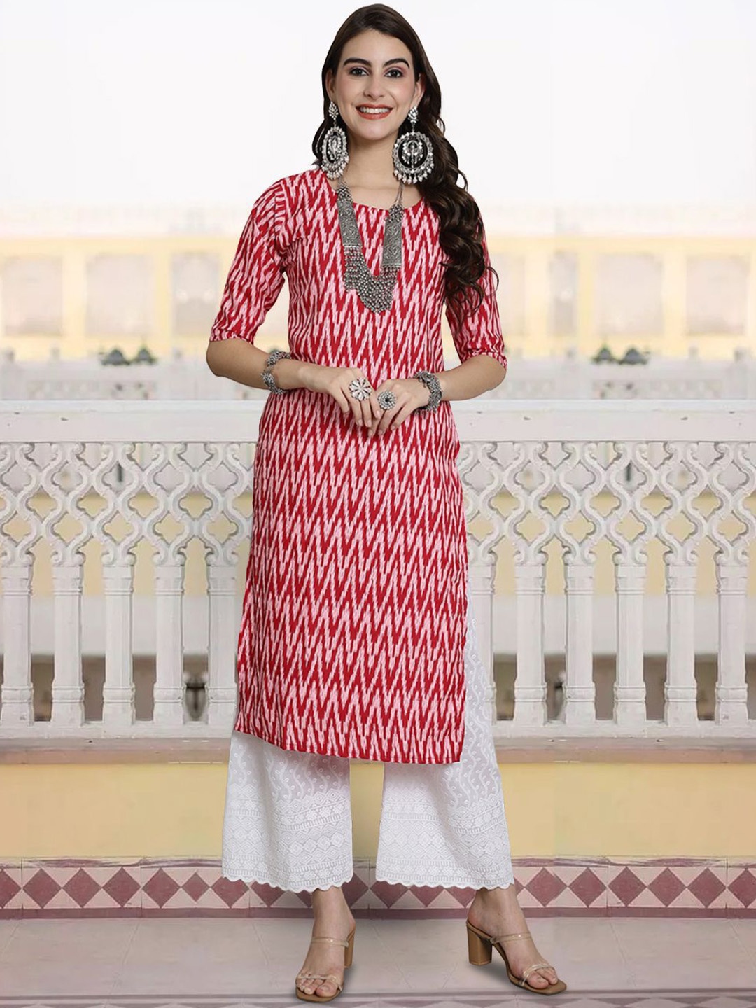

7Threads Chevron Printed Straight Kurta, Red