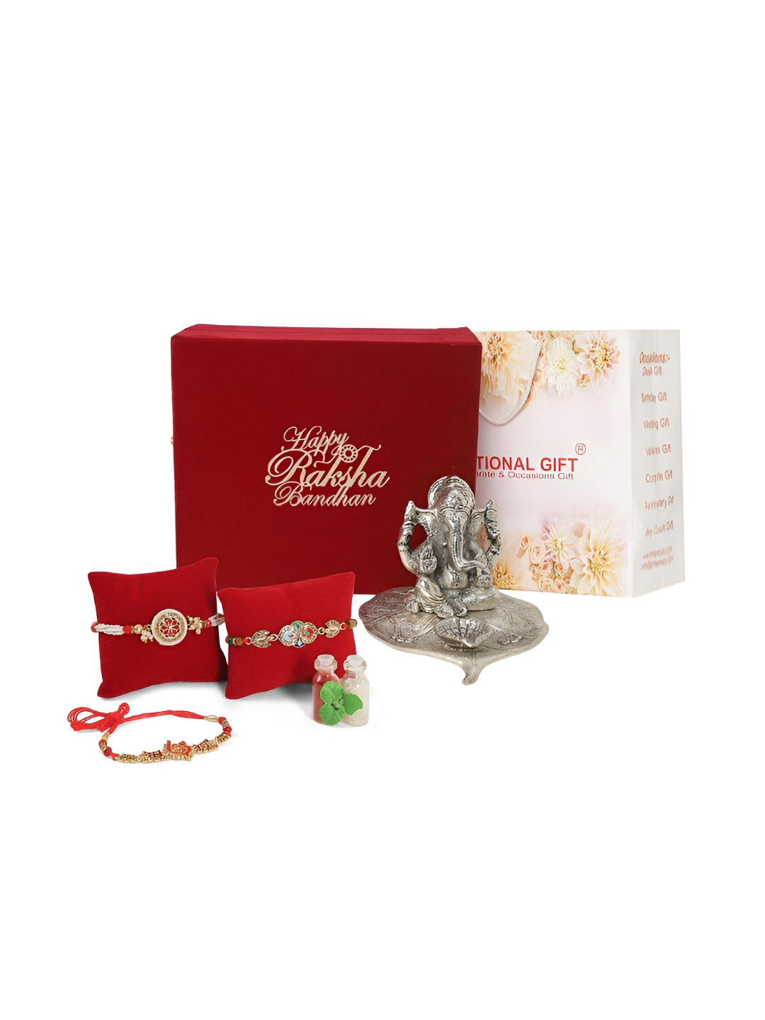 

INTERNATIONAL GIFT Set Of 4 Rakhi With Patta Ganesh God Idol & Roli Chawal, Silver