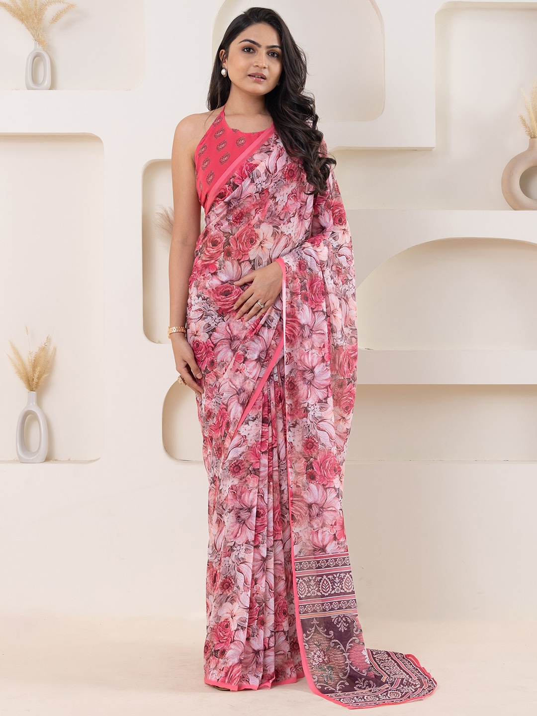 

RACHNA Floral Printed Solid Border Saree, Pink