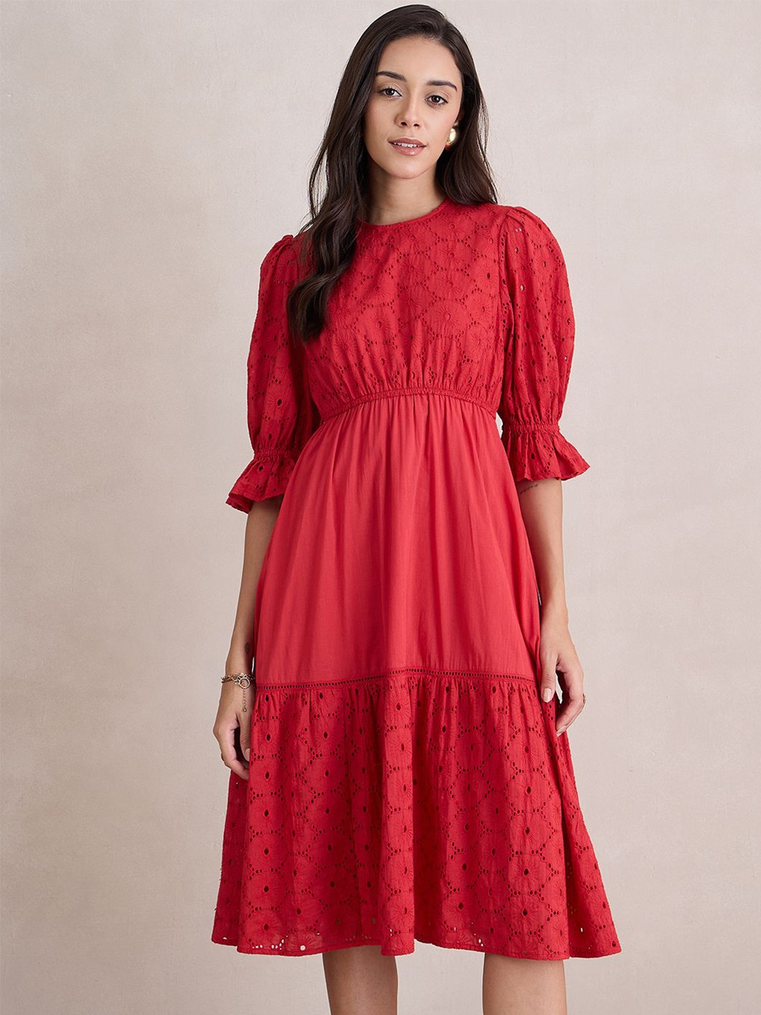 

FEMMELLA Women Embroidered Bell Sleeve A-Line Midi Dress, Red