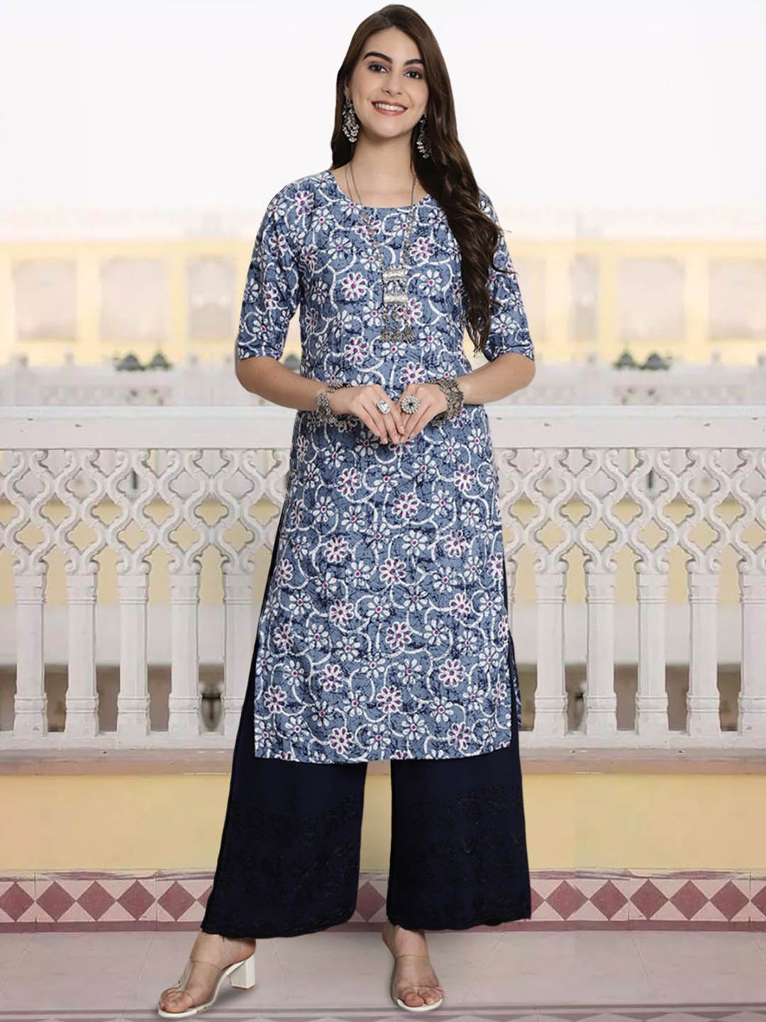 

7Threads Ethnic Motifs Printed Crepe Straight Kurta, Blue