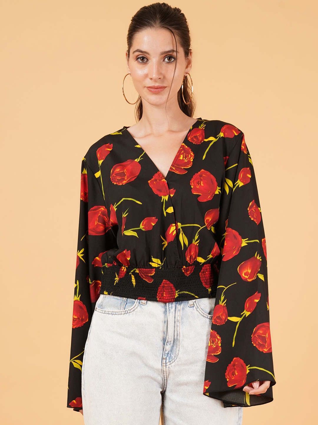 

IX IMPRESSION Print Crepe Wrap Top, Black