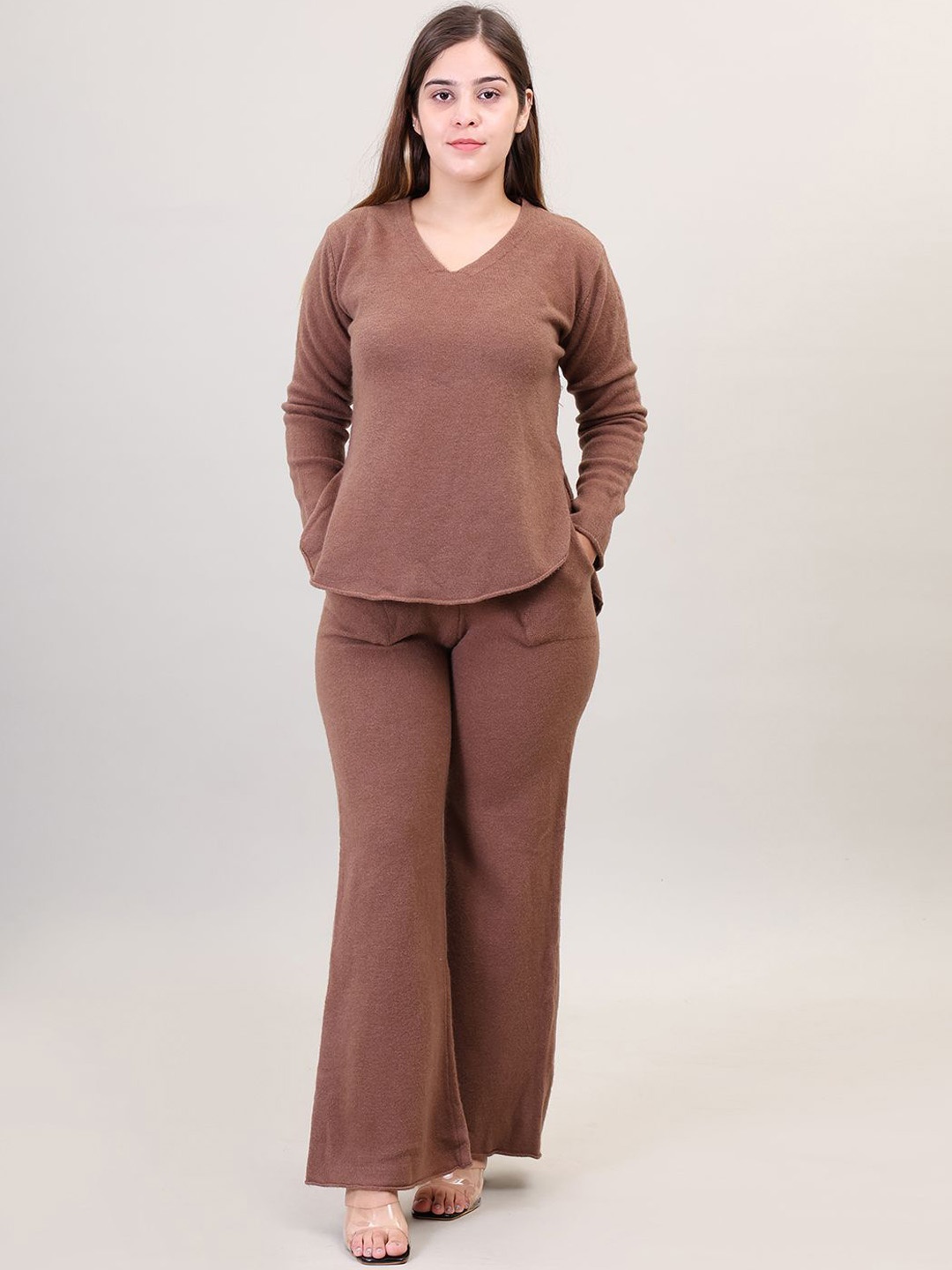 

Camey V-Neck Woolen Sweater & Palazzos, Khaki