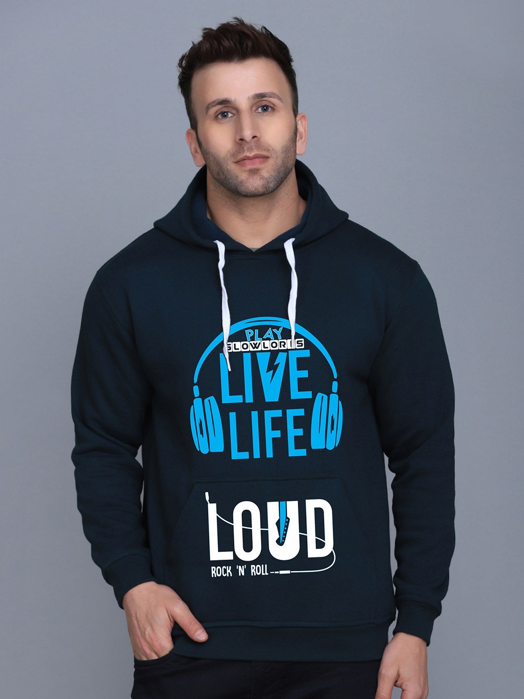 

SLOWLORIS Men Typography Printed Hooded Sweatshirt, Navy blue