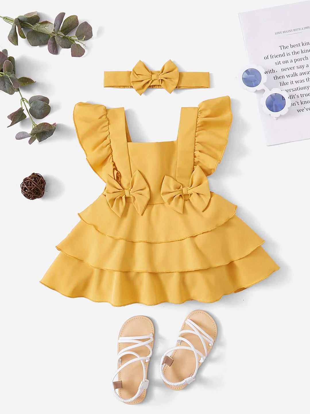 

LYTIX Infant Girls Bow Front Square Neck Crepe Flutter Sleeves Ruffle Flare Dress, Mustard