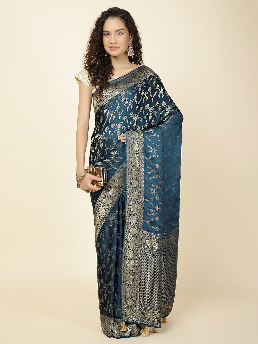 

Meena Bazaar Woven Design Satin Saree, Navy blue