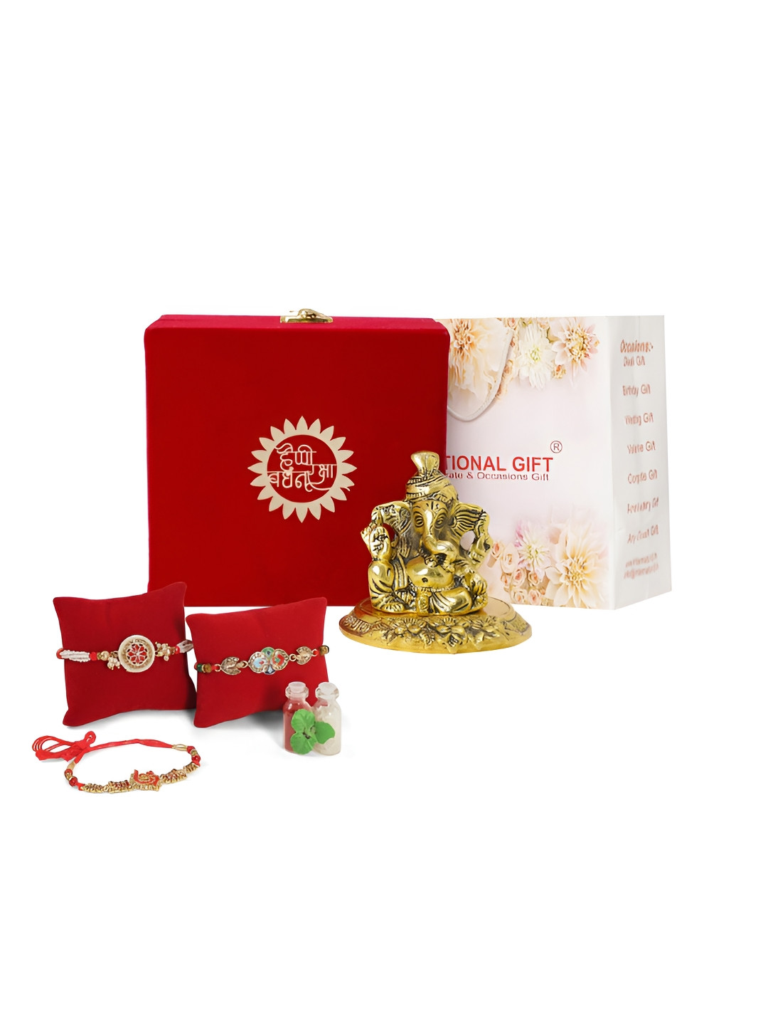 

INTERNATIONAL GIFT Set of 3 Rakhi With Pagdi Ganesh God Idol & Roli Chawal, Gold