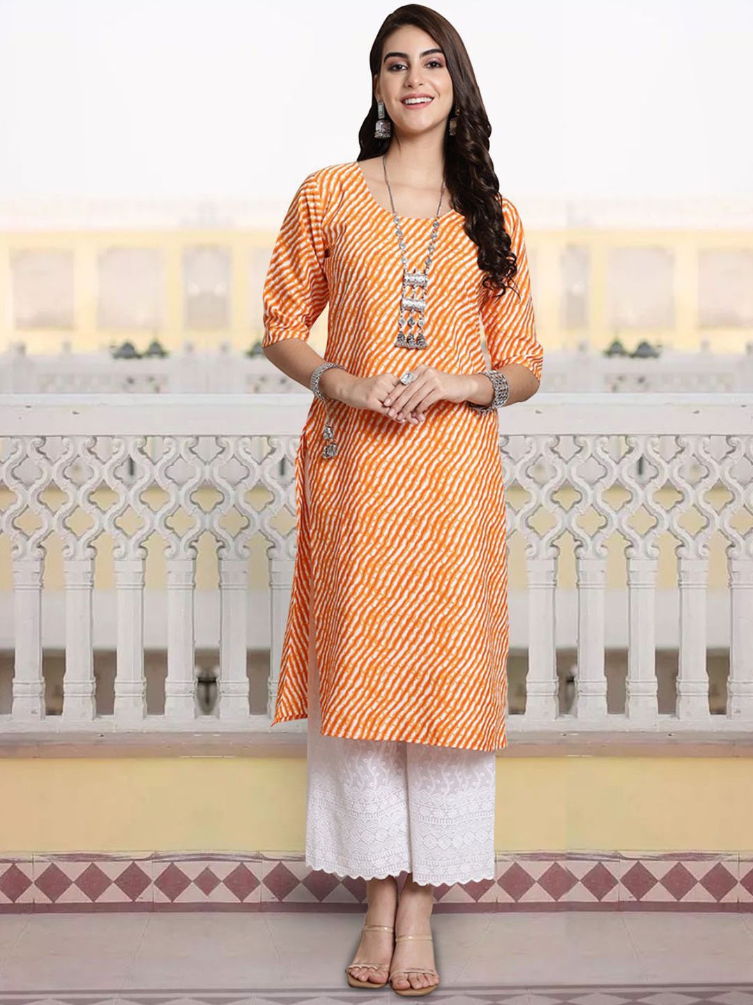 

7Threads Abstract Printed Round Neck Three-Quarter Sleeves Straight Kurta, Orange