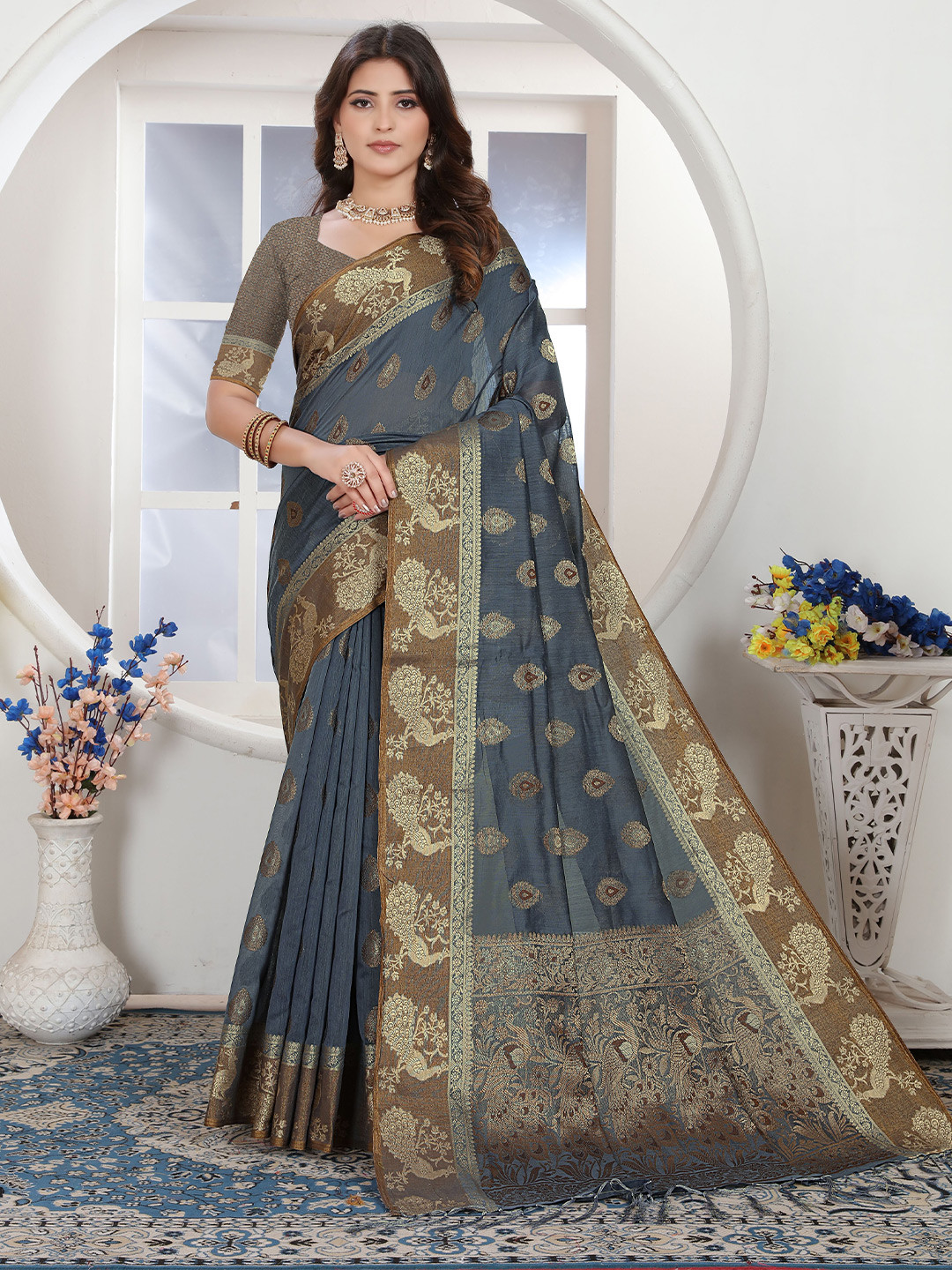

Jinal & Jinal Woven Design Zari Chanderi Saree with blouse piece, Grey