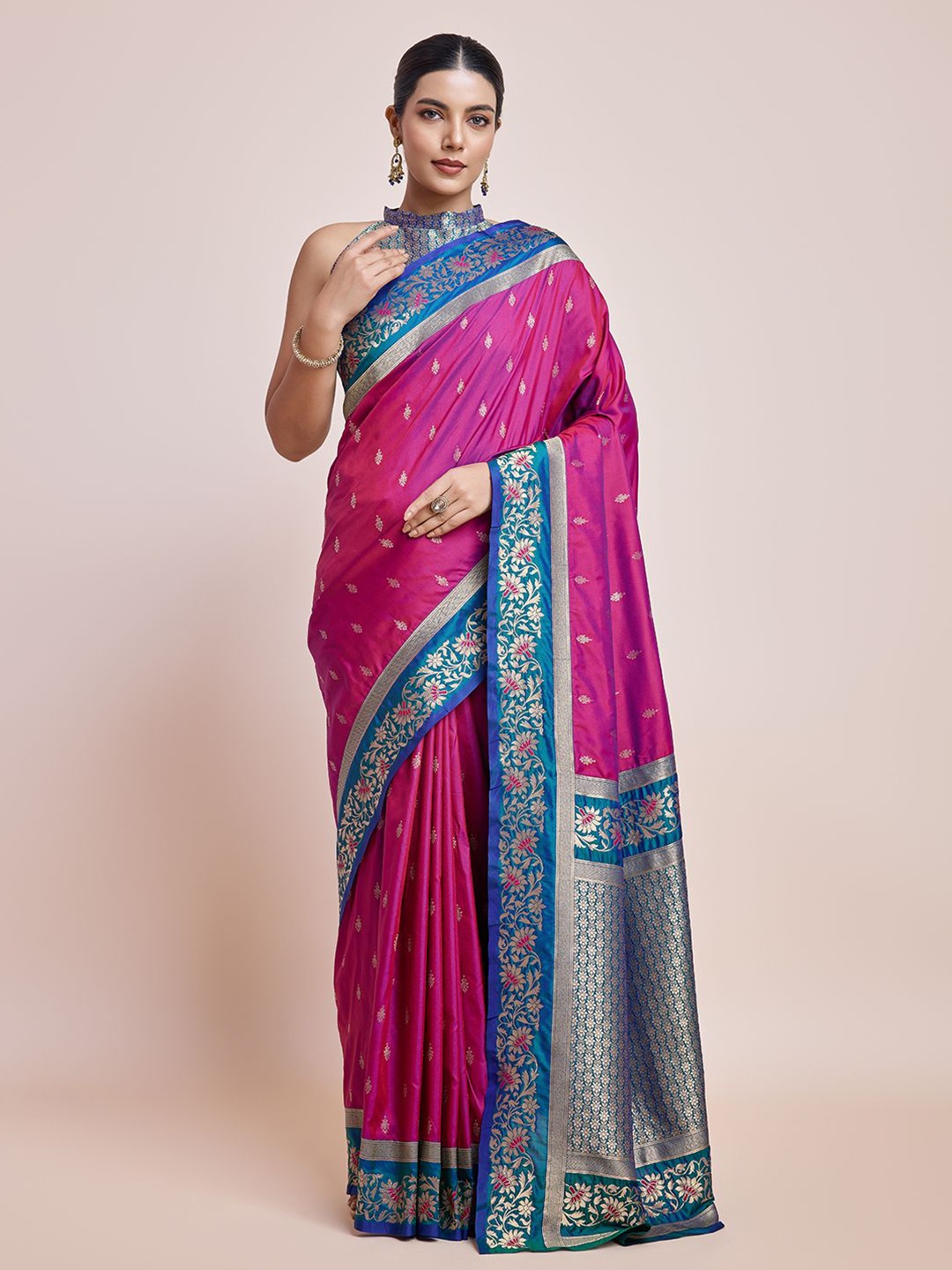 

MONJOLIKA FASHION Ethnic Motifs Zari Banarasi Woven Design Saree, Magenta