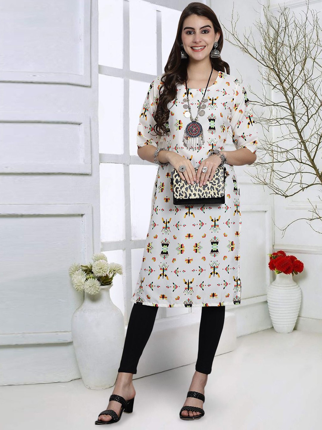 

7Threads Women Cold-Shoulder Sleeves Mirror Work Floral Crepe Kurta, Multi