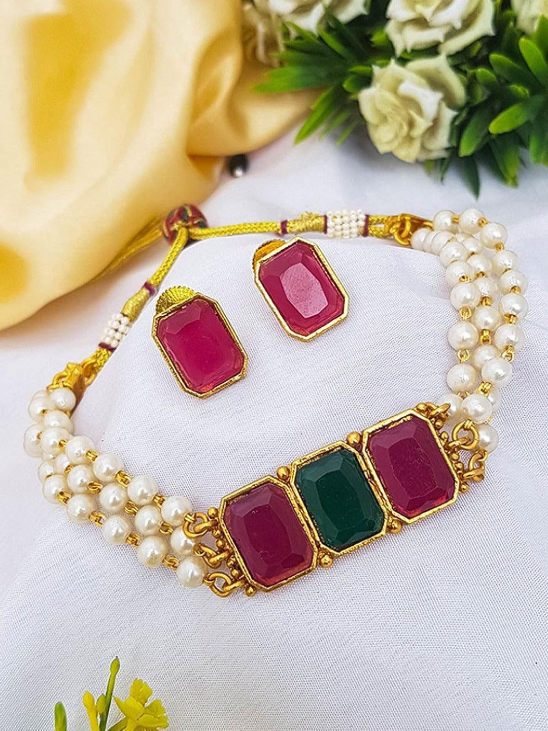 

GRIIHAM Gold-Plated American Diamond Studded Choker Necklace and Earrings