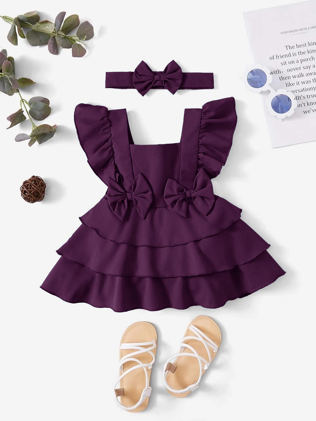 

LYTIX Infant Girls Bow Front Square Neck Crepe Flutter Sleeves Ruffle Flare Dress, Violet