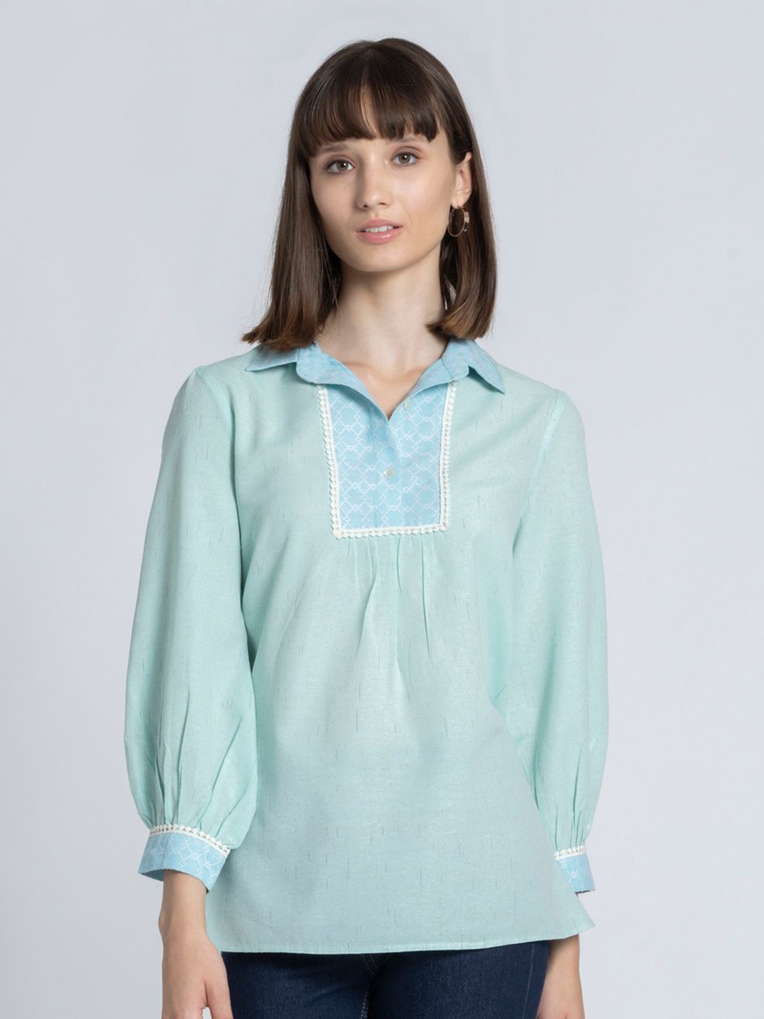 

SHAYE Woven Design Shirt Collar Kurti, Blue