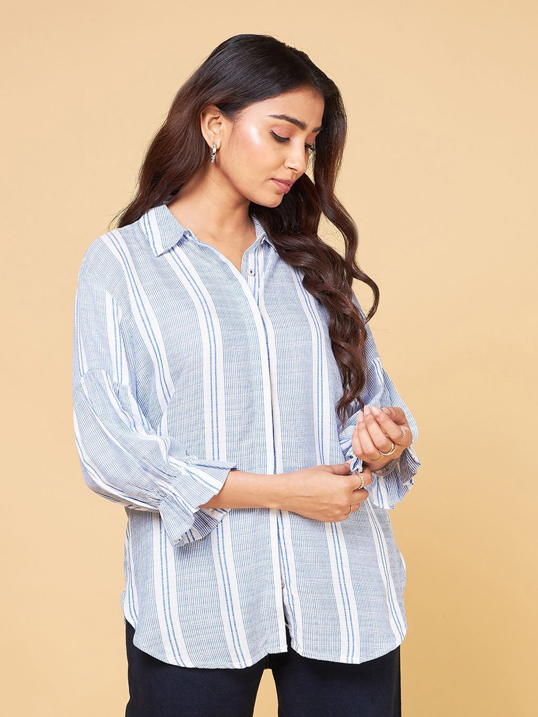

Saaki Women Comfort Opaque Striped Casual Shirt, Blue