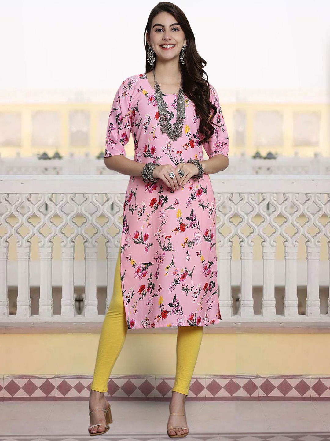 

KALINI Floral Printed Crepe Straight Kurta, Pink