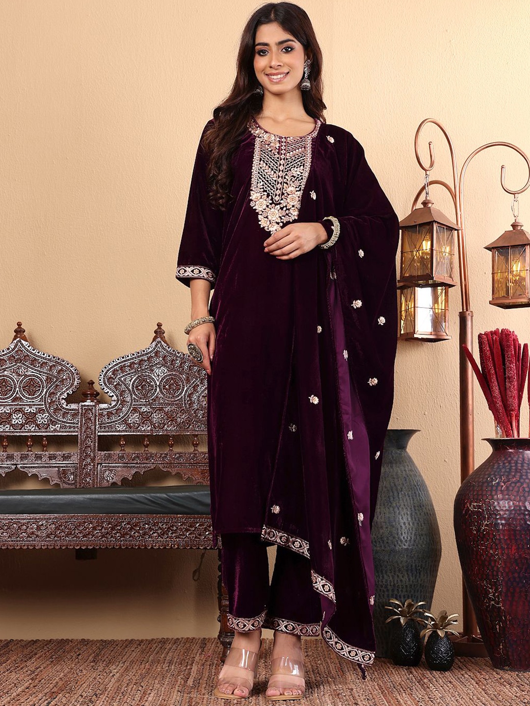 

Varanga Purple Floral Yoke Design Thread Work Velvet Kurta with Trousers & Dupatta