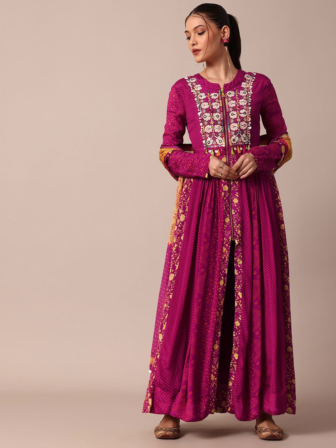 

KALKI Fashion Ethnic Motifs Embroidered Sequinned Kurta with Trousers & Dupatta, Pink