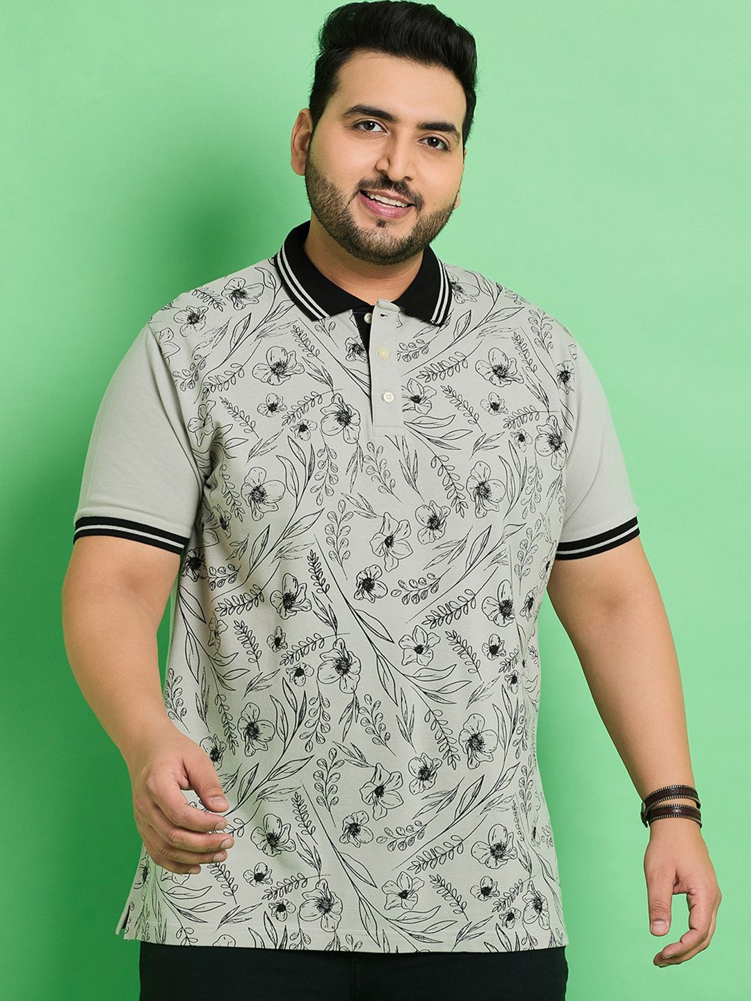 

bigbanana Plus Size Floral Printed Polo Collar Cotton T-shirt, Grey