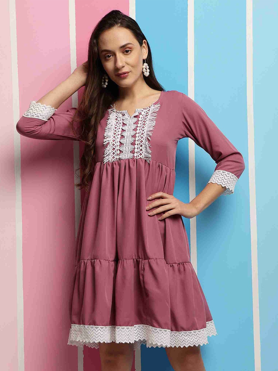 

Bhuja Women Fit & Flare Tiered Lace-Up Dress, Pink