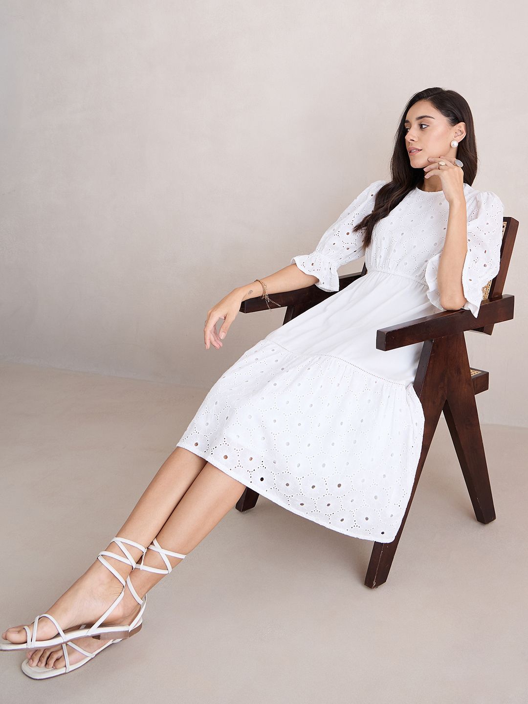 

FEMMELLA Embroidered Bell Sleeve A-Line Midi Dress, White