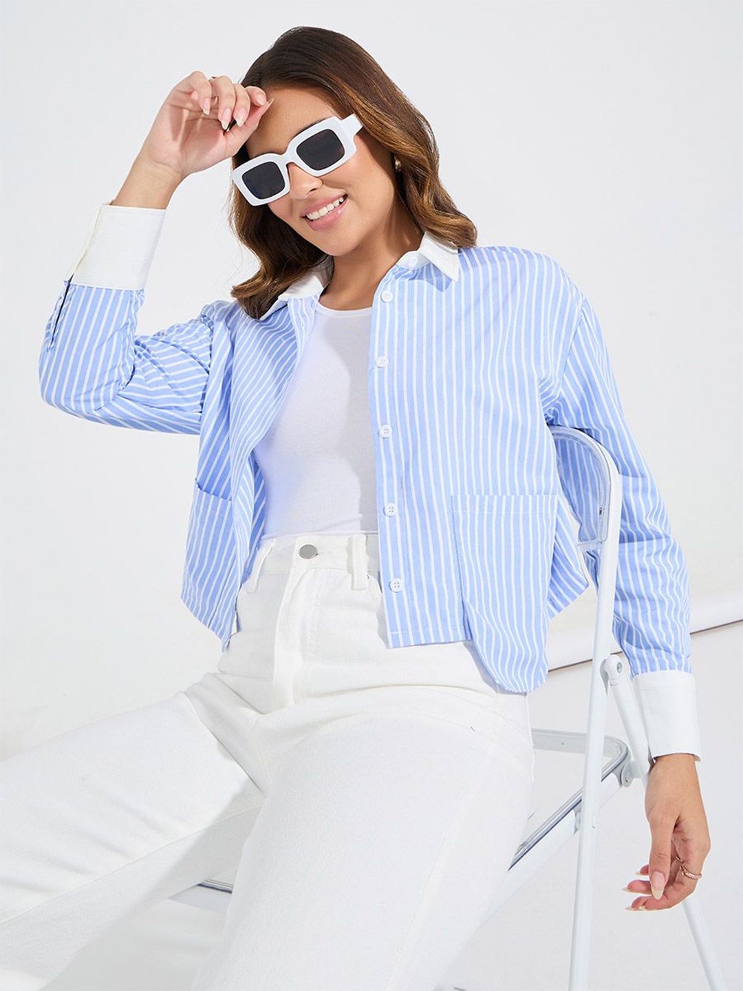 

Styli Women Spread Collar Striped Boxy Casual Shirt, Blue