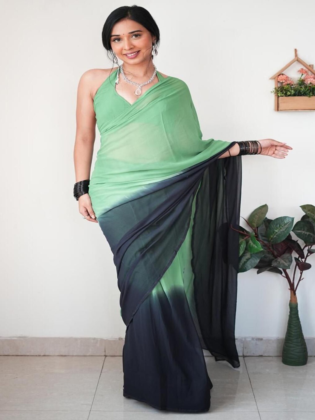 

SANJANA SILK Ombre Mysore Silk Saree, Green