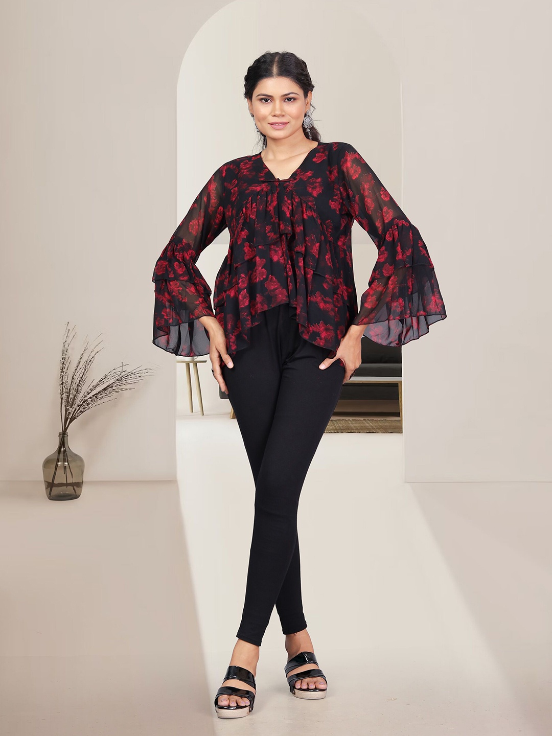 

VAAZI CREATOR Floral Printed Flared Sleeves Top, Black