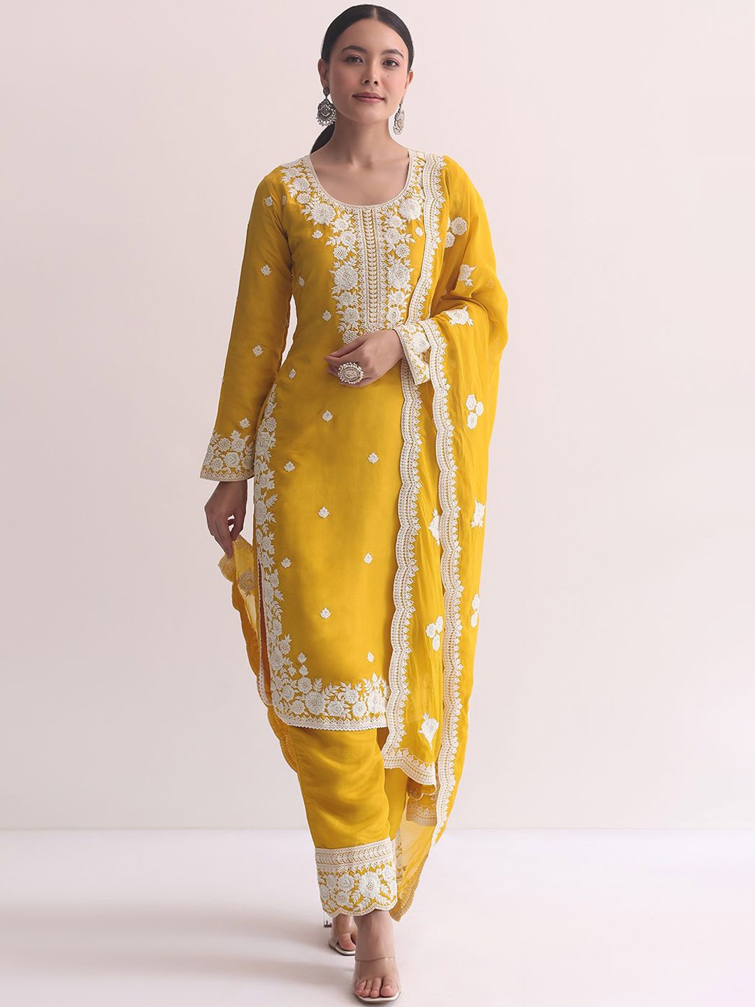 

KALKI Fashion Floral Embroidered Organza Kurta with Trousers & Dupatta, Yellow