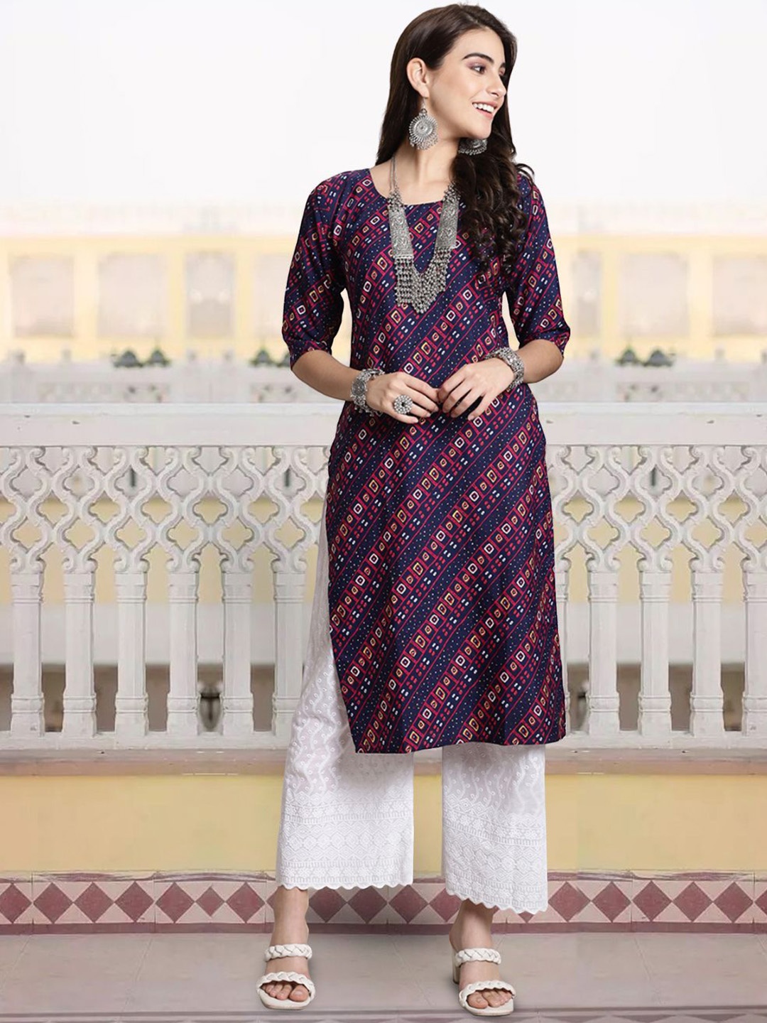 

7Threads Geometric Printed Straight Kurta, Blue