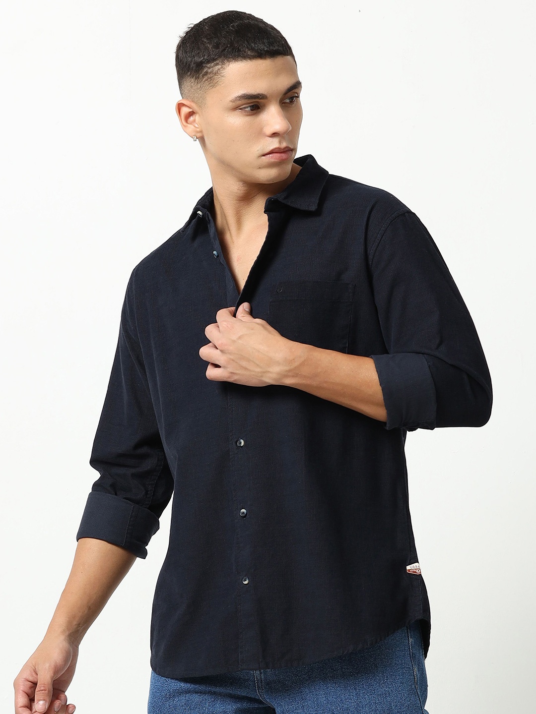 

URBARO Men Smart Slim Fit Opaque Casual Shirt, Navy blue
