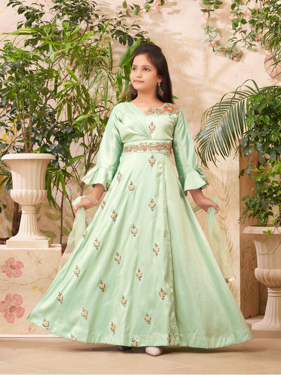 

Aarika Girls Floral Printed Maxi Ethnic Dress with Dupatta, Sea green