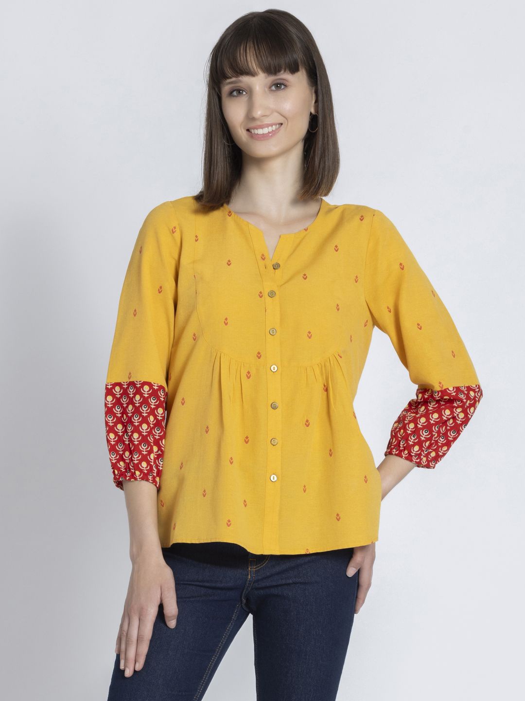

SHAYE Ethnic Motifs Printed Empire Kurti, Yellow