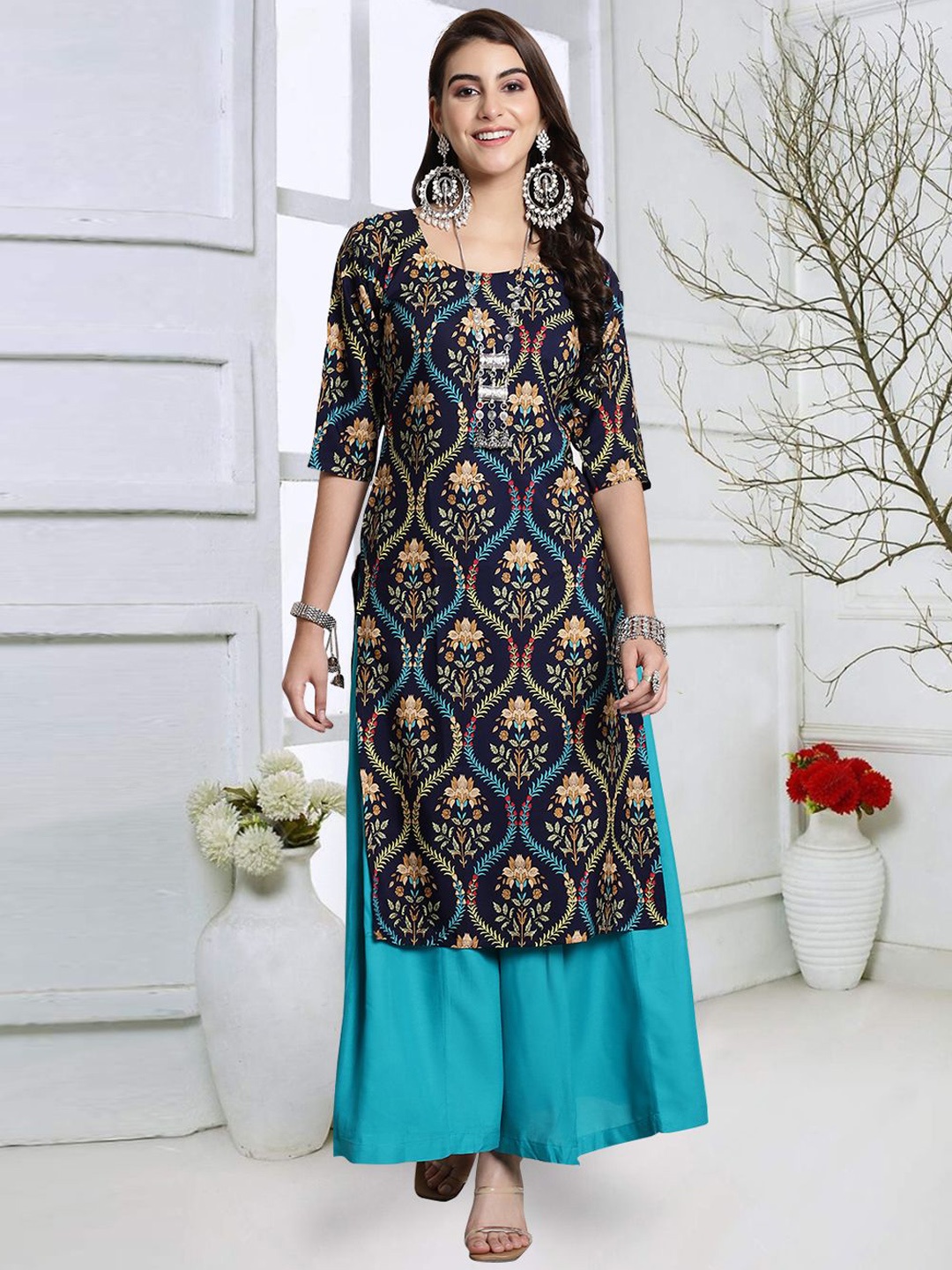 

7Threads Floral Printed Round Neck Straight Kurta, Navy blue