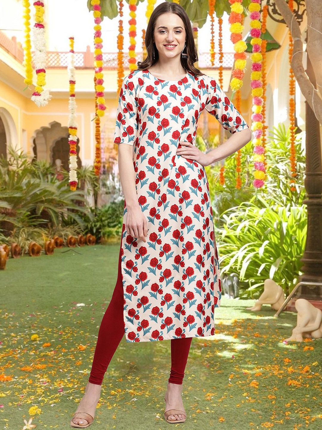 

7Threads Floral Printed Round Neck Crepe Straight Kurta, Cream