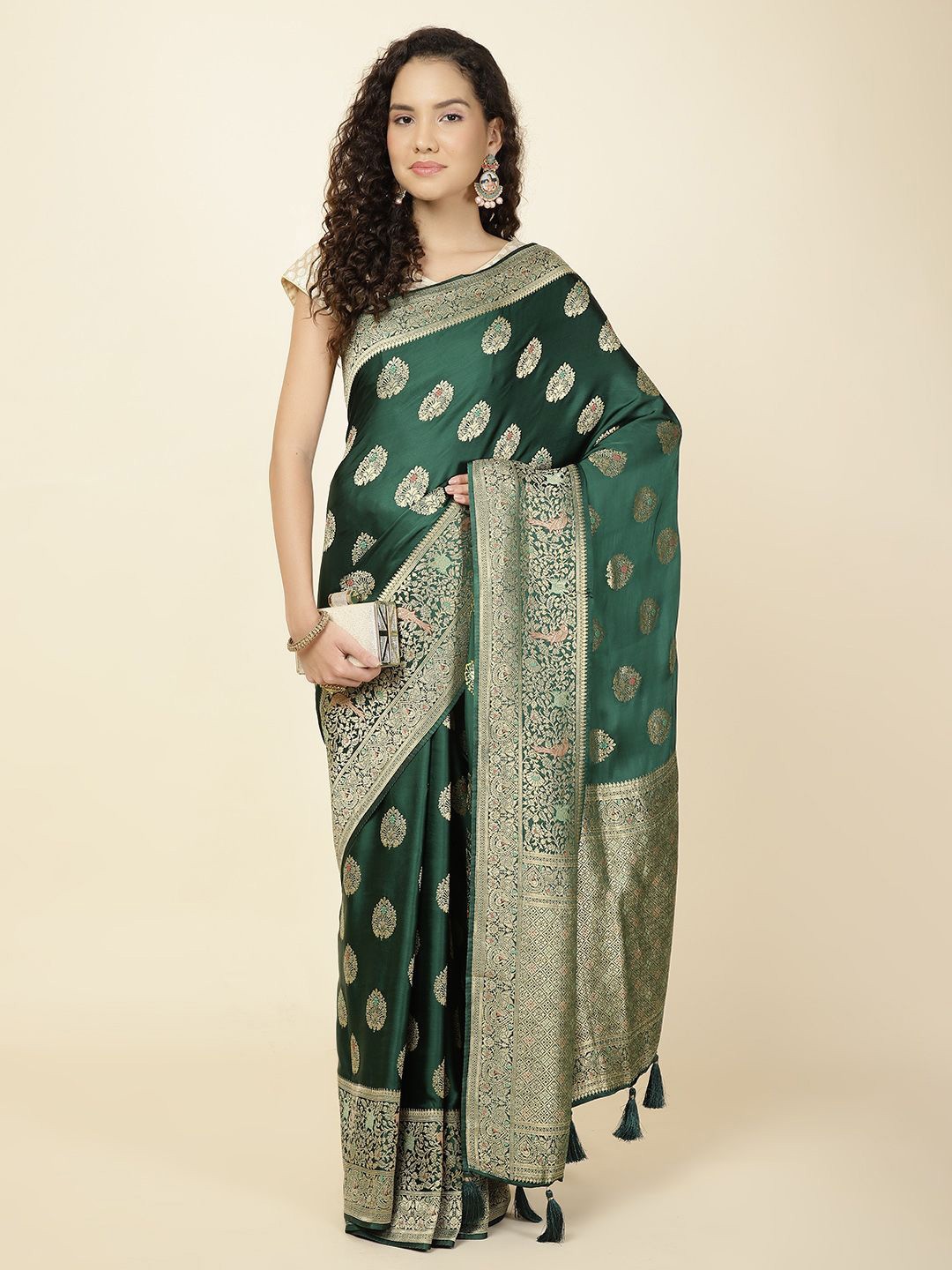 

Meena Bazaar Woven Design Zari Satin Saree with blouse piece, Green