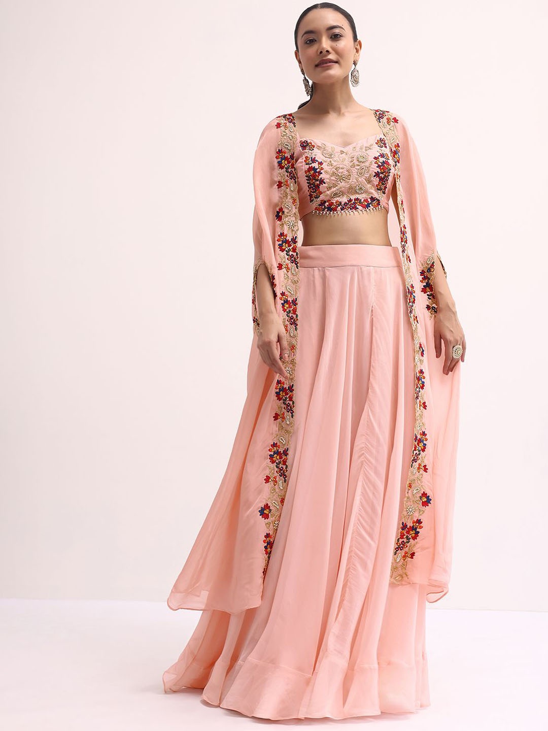 

KALKI Fashion Floral Embroidered Crop Top With Skirt & Shrug, Pink