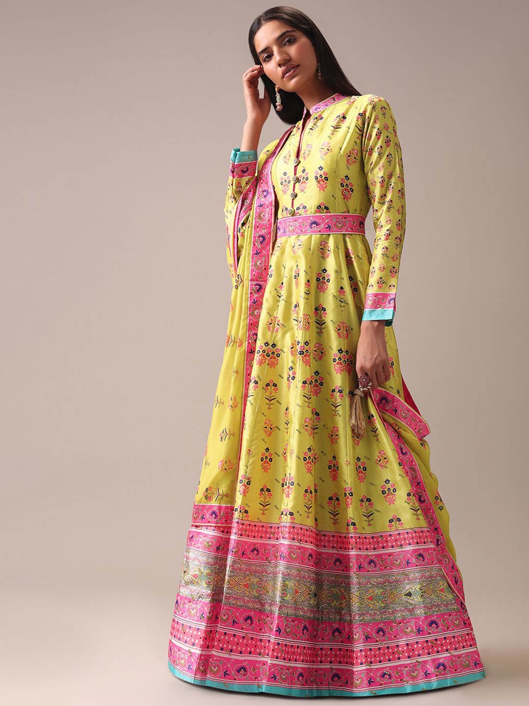 

KALKI Fashion Floral Printed Fit and Flare Maxi Ethnic Dress With Dupatta And Belt, Green