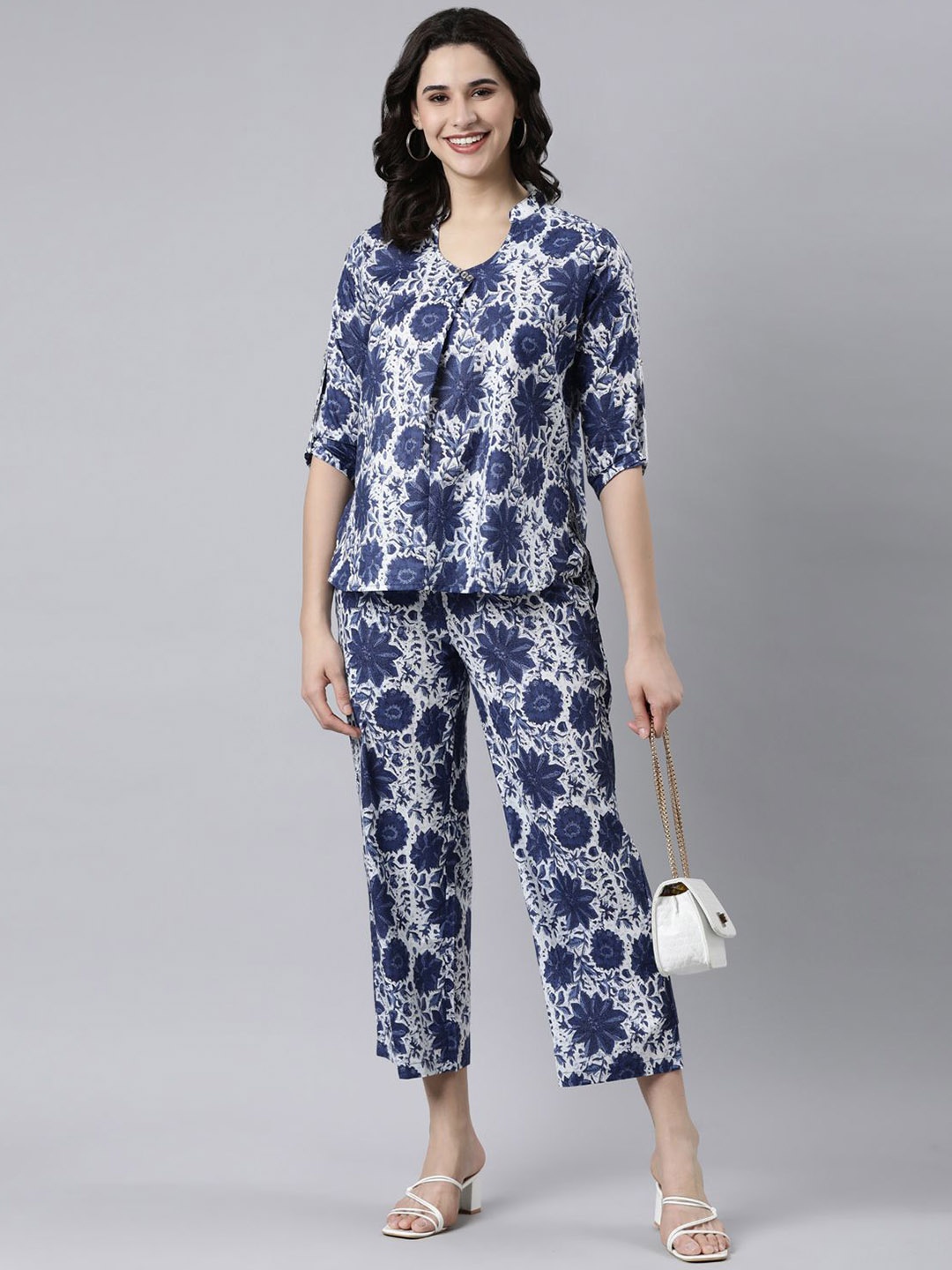 

Samhitas Printed Pure Cotton Top With Trousers, Blue