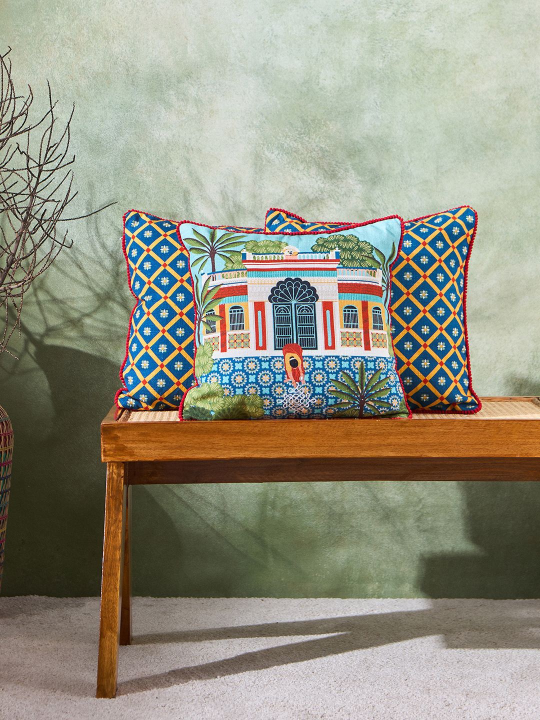 

Chumbak Blue & Green 3 Pieces Ethnic Motifs Cotton Square Cushion Covers