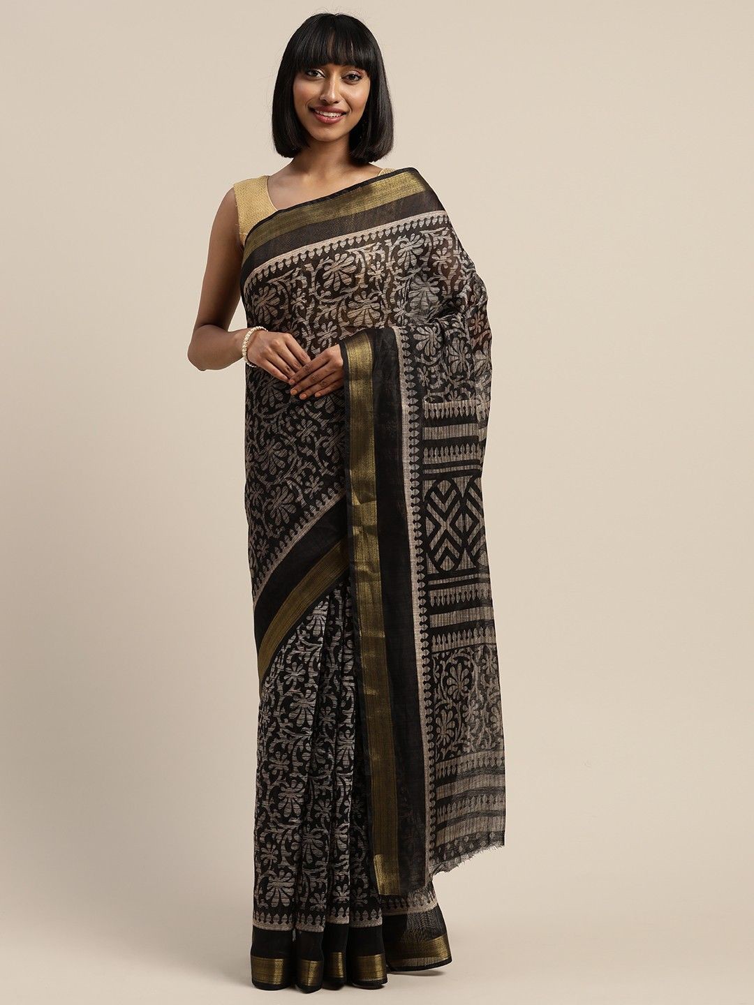 

KALINI Ethnic Motifs Printed Zari Woven Design Saree, Black