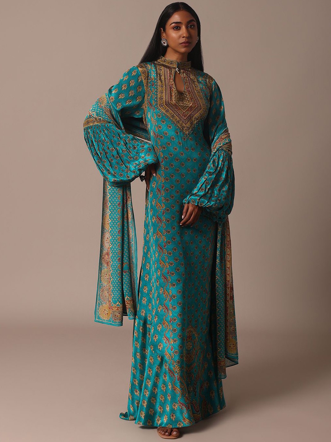 

KALKI Fashion Ethnic Motifs Printed Puff Sleeves A-Line Maxi Ethnic Dress With Dupatta, Blue