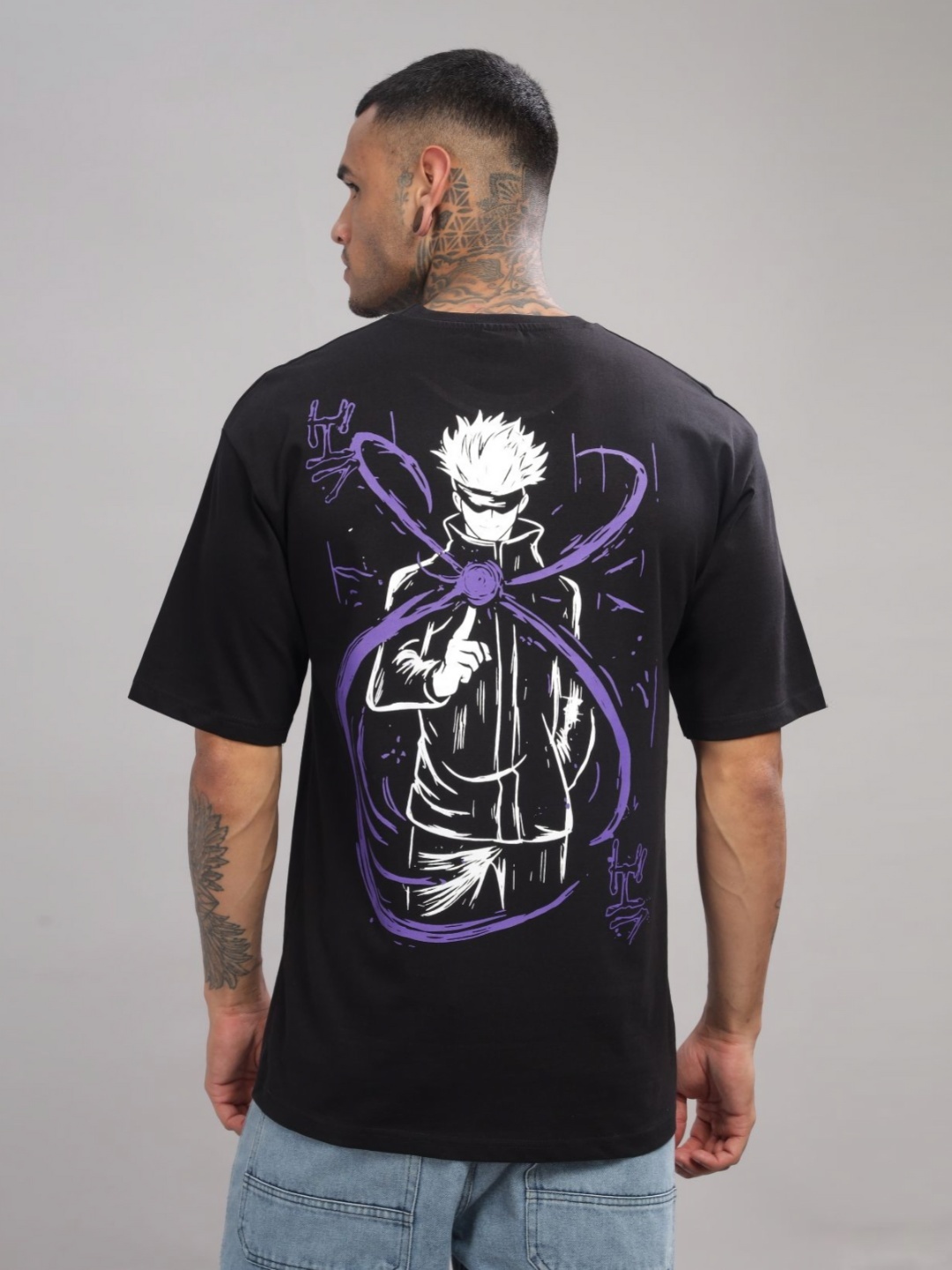 

ADRO Men Graphic Anime Printed Round Neck Cotton Oversized T-Shirt, Black