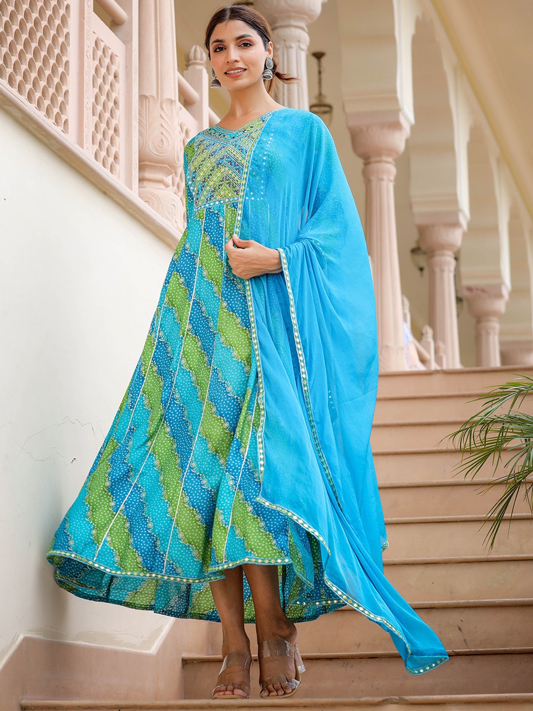 

LALI JAIPUR Printed Fit & Flared Ethnic Dress With Dupatta, Blue