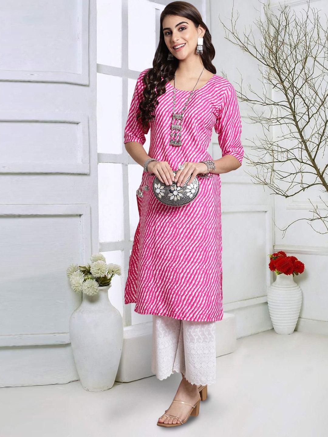 

7Threads Leheriya Printed Straight Kurta, Pink