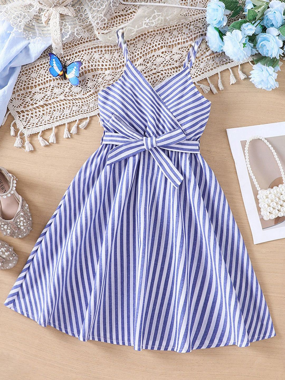 

INCLUD Girls Striped V-Neck Fit & Flare Dress, Purple
