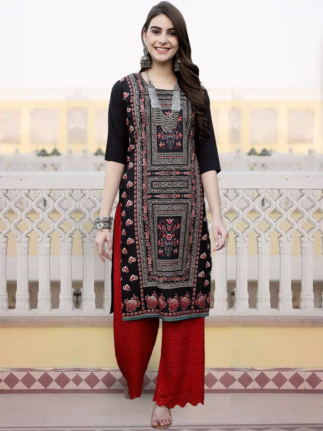 

7Threads Ethnic Motifs Printed Round Neck Straight Kurta, Navy blue